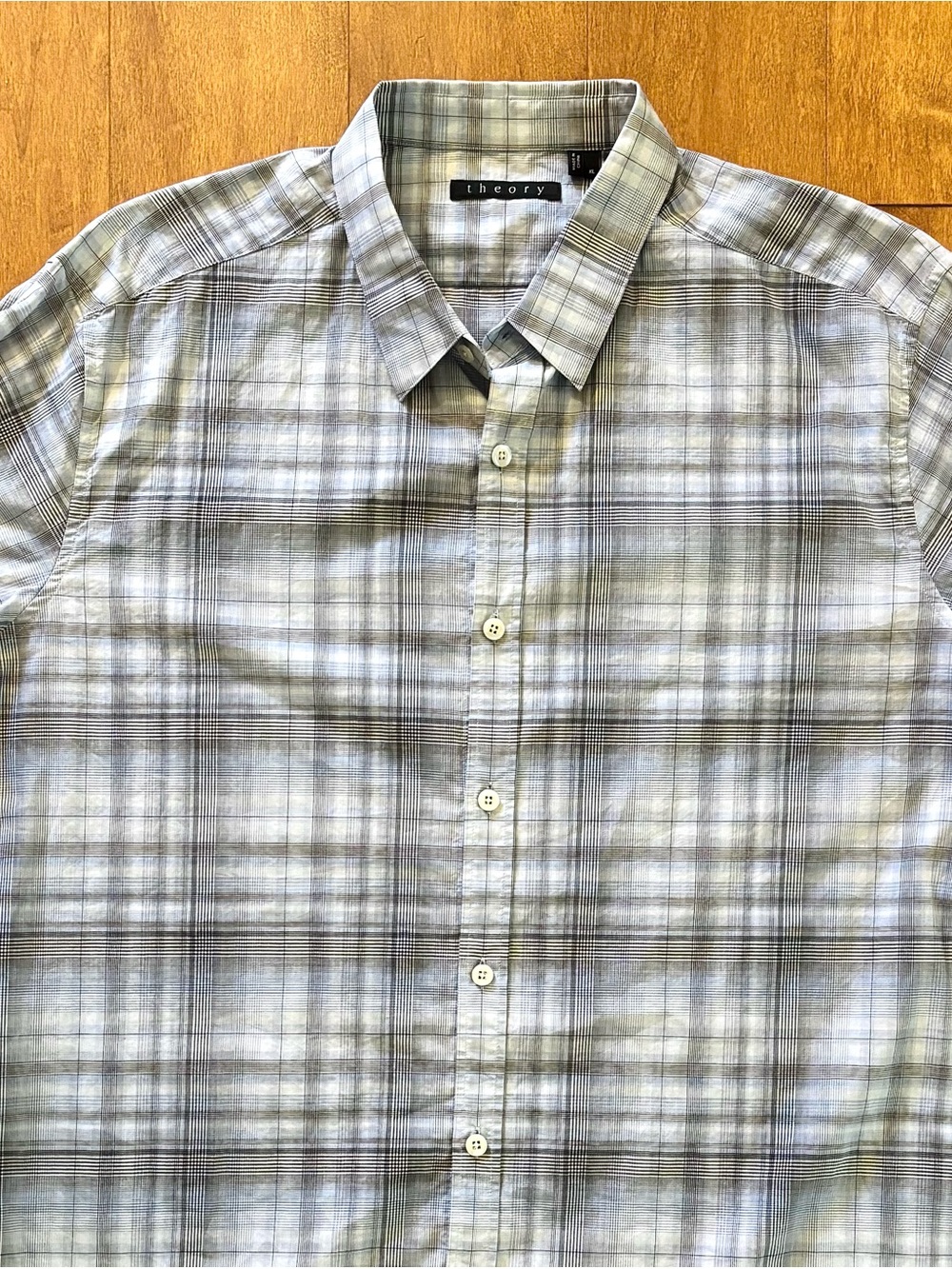 Theory Mens Plaid Button Down Shirt Size XL Blue Gray Long Sleeve Cotton Woven